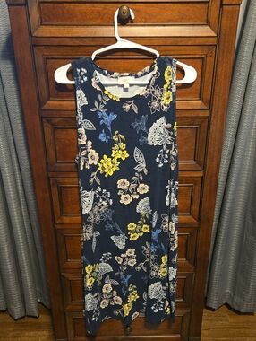 LOFT Navy Floral Midi Dress with Yellow & Cream Accents